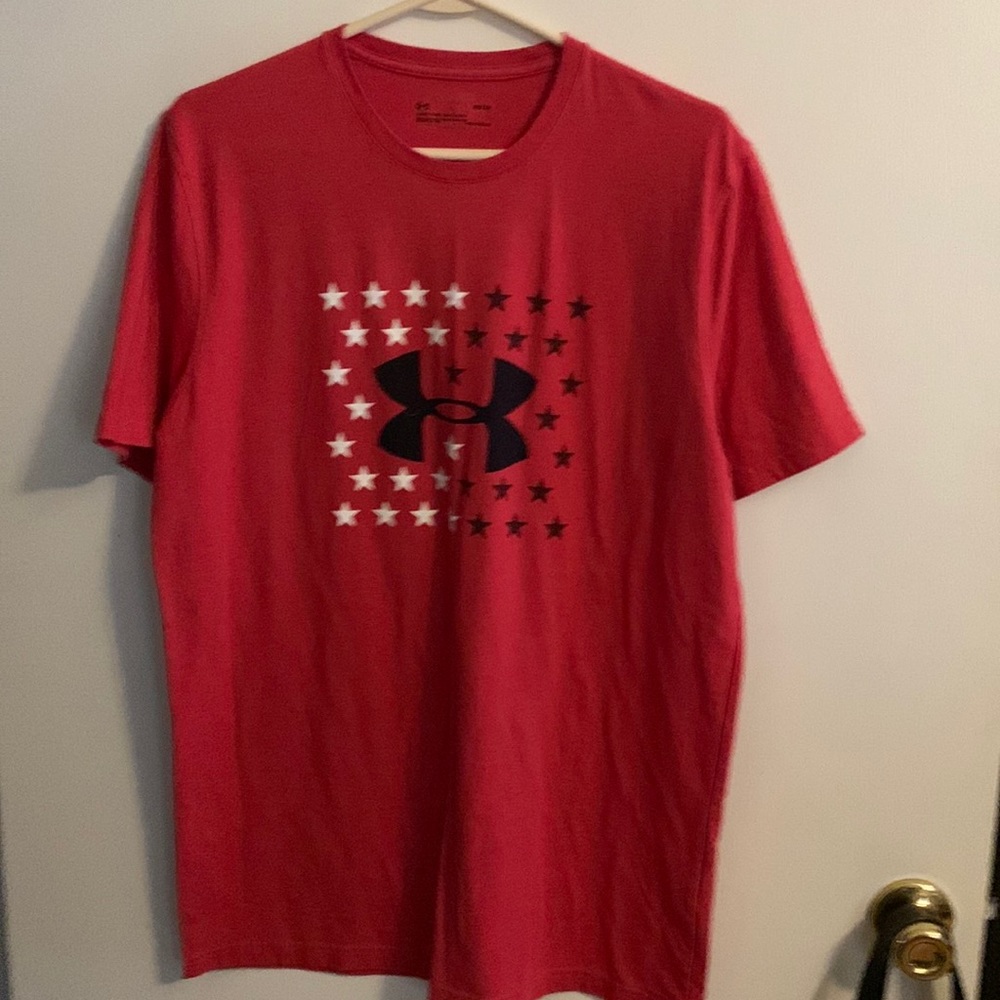 Under Armour Mens Medium Red Graphic T-Shirt Logo Stars Athletic Workout Tee